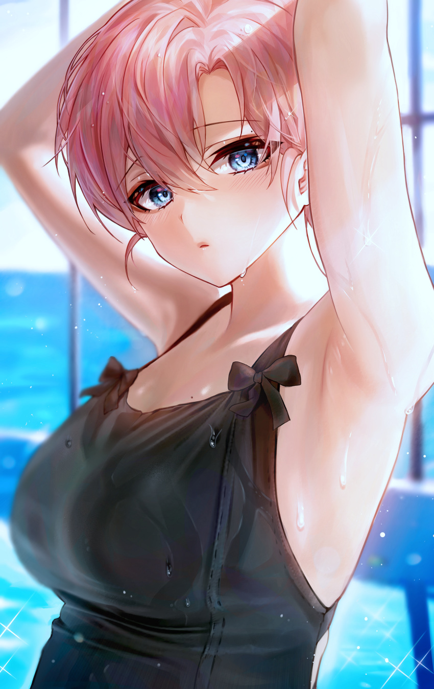 1girl absurdres armpits arms_up bangs bare_shoulders black_dress blue_eyes breasts collarbone day dress eyebrows_visible_through_hair highres indoors large_breasts looking_at_viewer one_eye_closed original parted_lips pink_hair polla short_hair sleeveless sleeveless_dress solo sparkle upper_body wet wet_clothes wet_dress