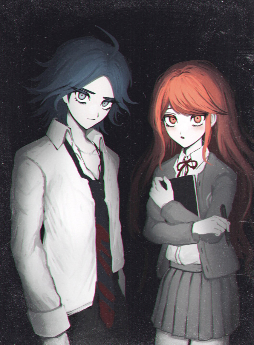 1boy 1girl :o ahoge bangs black_background black_hair black_jacket black_necktie black_ribbon black_skirt book collared_shirt cowboy_shot danganronpa/zero danganronpa_(series) grey_background highres holding holding_book holding_pen ie_(kshgnhg) jacket long_hair long_sleeves matsuda_yasuke medium_hair miniskirt neck_ribbon necktie object_hug open_clothes open_jacket open_mouth otonashi_ryouko pen red_eyes red_necktie redhead ribbon school_uniform shirt shirt_half_tucked_in shirt_tucked_in skirt striped_necktie white_shirt