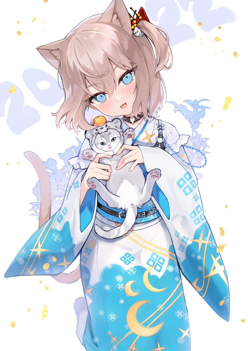 1girl 2022 \||/ absurdres animal animal_ear_fluff animal_ears bangs black_choker blue_eyes blue_kimono cat chinese_zodiac choker cowboy_shot eyebrows_visible_through_hair hair_between_eyes hair_ornament happy_new_year heart heart_choker highres holding holding_animal holding_cat japanese_clothes kimono light_brown_hair looking_at_viewer medium_hair obi one_side_up original sash simple_background solo tail tail_raised white_background white_kimono wide_sleeves year_of_the_tiger yuzukicture