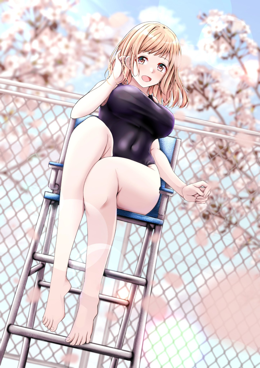 1girl bare_legs blue_swimsuit breasts brown_eyes brown_hair chain-link_fence chair cherry_blossoms competition_swimsuit covered_navel day fence highres idolmaster idolmaster_shiny_colors large_breasts light_brown_hair medium_hair one-piece_swimsuit open_mouth petals pool sakuragi_mano shohei_(piranha5hk) sitting smile solo swimsuit tree