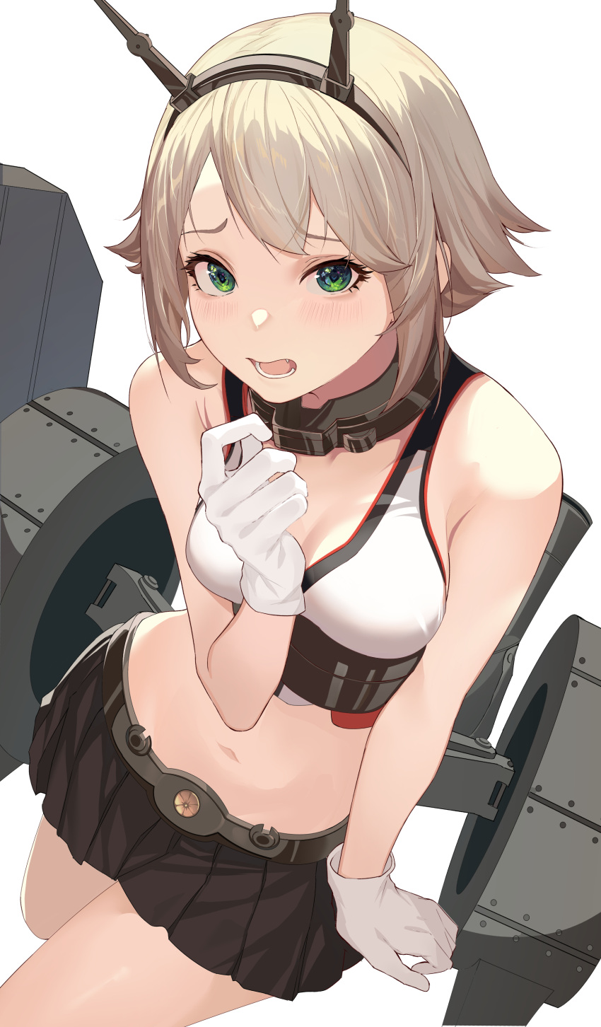 1girl absurdres black_skirt blush breasts brown_hair gloves green_eyes headgear highres kantai_collection large_breasts machinery mutsu_(kancolle) navel open_mouth oweee pleated_skirt revision rigging short_hair simple_background skirt solo turret white_background white_gloves