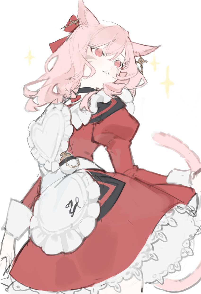 1girl absurdres animal_ears apron bangs cat_ears cat_girl cat_tail chyoel dress eyebrows_visible_through_hair final_fantasy final_fantasy_xiv head_tilt heart_apron highres juliet_sleeves long_sleeves looking_to_the_side miqo'te parted_lips pink_eyes pocket_watch puffy_sleeves red_dress solo tail watch white_apron