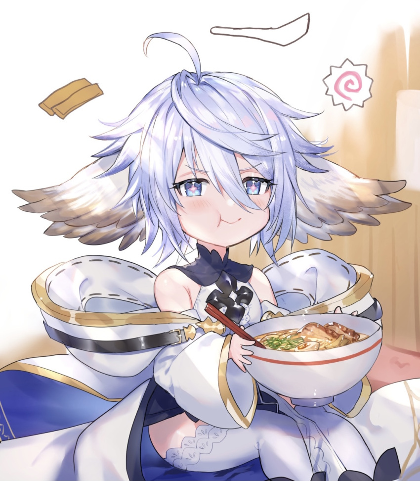 1girl :t ahoge animal_ears bangs blue_eyes blue_hair blush bowl chinese_spoon chopsticks closed_mouth detached_sleeves dress eating feet_out_of_frame food granblue_fantasy highres holding holding_bowl kamaboko menma narutomaki noodles ramen shiromimin short_hair sleeveless sleeveless_dress smile solo symbol-shaped_pupils thigh-highs v-shaped_eyebrows wamdus_(granblue_fantasy) white_legwear