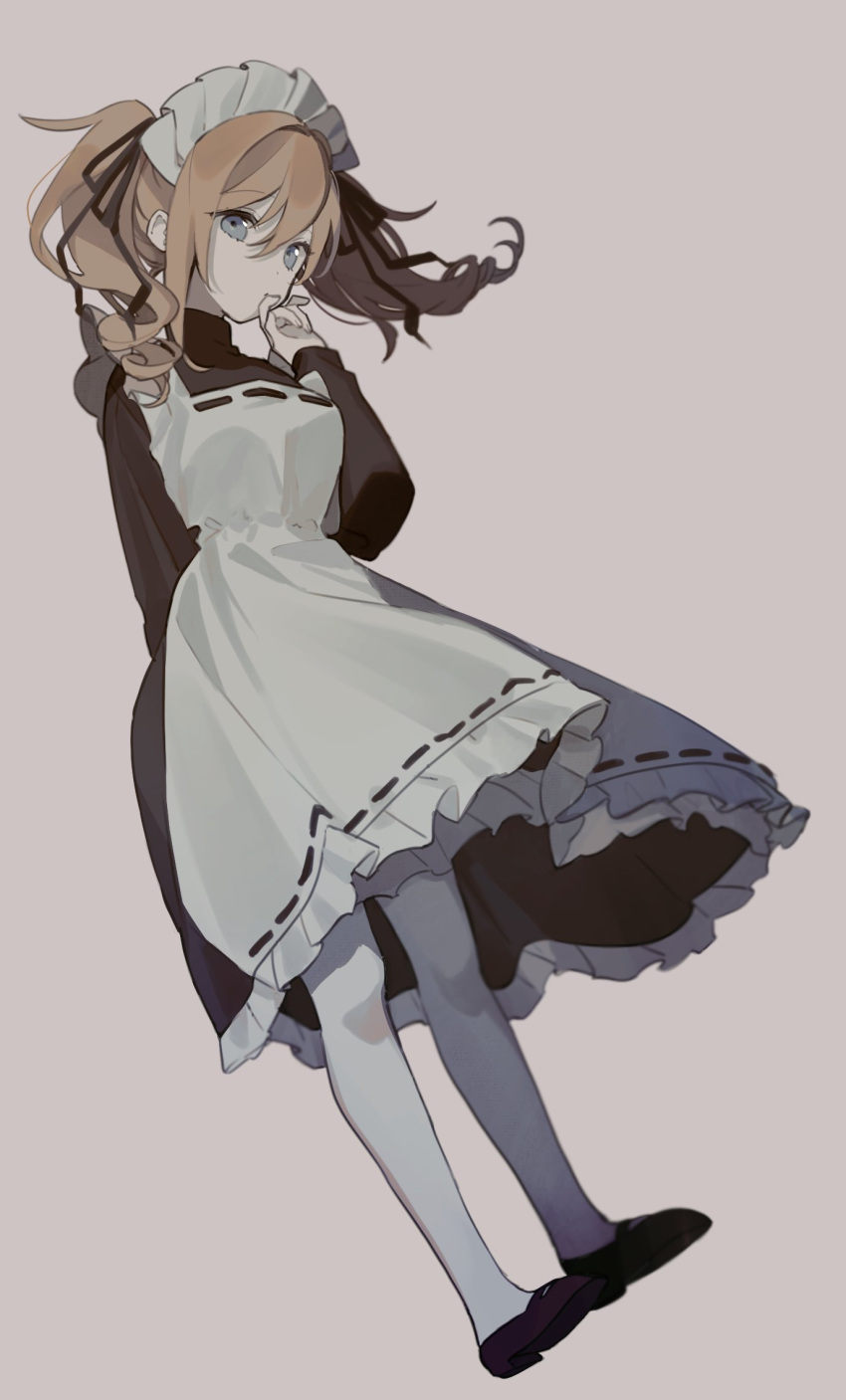 1girl alternate_costume apron barbara_(genshin_impact) black_dress black_footwear black_ribbon blue_eyes closed_mouth commentary dress enmaided frilled_apron frilled_dress frills genshin_impact hair_ribbon highres long_sleeves looking_at_viewer maid maid_headdress mary_janes nenemm pantyhose ribbon ribbon-trimmed_apron ribbon_trim shoes simple_background solo turtleneck_dress twintails white_apron white_background white_legwear