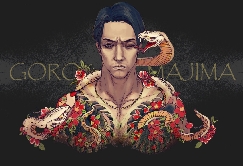 1boy black_background character_name fangs floral_print flower_tattoo irezumi jewelry majima_gorou male_focus necklace one-eyed pectorals ryuu_ga_gotoku ryuu_ga_gotoku_0 ryuu_ga_gotoku_1 snake tattoo tongue tongue_out topless topless_male waluntin