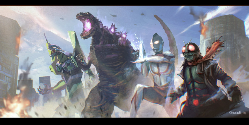 blue_sky clouds cloudy_sky creator_connection crossover eva_01 explosion godzilla_(series) godzilla_(shin) highres kaijuu kamen_rider kamen_rider_1_(shin) masashi_toy mecha neon_genesis_evangelion rebuild_of_evangelion shin_godzilla shin_kamen_rider shin_ultraman sky ultra_series ultraman_(shin)