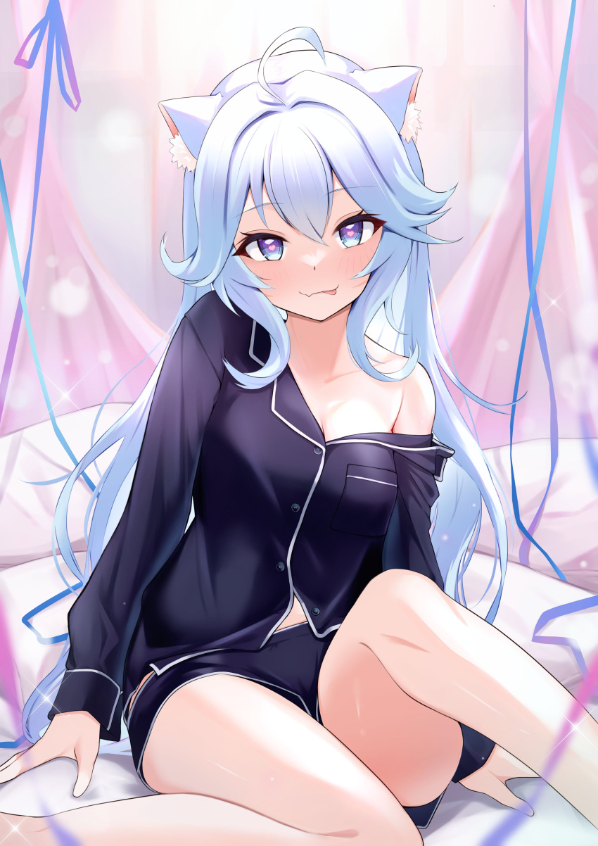 1girl :q absurdres ahoge animal_ear_fluff animal_ears bare_shoulders black_shirt black_shorts blue_eyes blue_hair closed_mouth equal_(heartstrings) heart heart-shaped_pupils highres indie_virtual_youtuber kanase_ito knee_up long_hair long_sleeves looking_at_viewer naughty_face off_shoulder partially_unbuttoned pillow shirt short_shorts shorts sitting smile solo symbol-shaped_pupils thighs tongue tongue_out very_long_hair virtual_youtuber