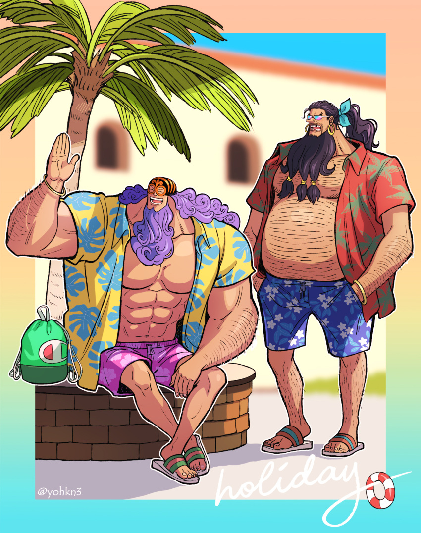 2boys ^_^ abs alternate_costume alternate_hairstyle arm_hair bare_arms beard belly big_belly black_hair border chest_hair closed_eyes collared_shirt crossed_legs curly_hair day earrings eye_mask facial_hair fat fat_man flip-flops full_body hand_rest hand_up hands_in_pockets hawaiian_shirt highres jesus_burgess jewelry large_pectorals leg_hair legs_apart long_hair long_nose male_focus male_swimwear marshall_d._teach mask missing_teeth multiple_boys muscular muscular_male navel obese one_piece open_clothes open_mouth open_shirt outdoors palm_tree pectorals pocket ponytail print_shirt purple_hair ring sandals shirt short_sleeves sitting small_head smile standing stomach sunglasses swim_trunks toenails toes tree twitter_username wing_collar wrestling_mask wrist_wings youkan_(tako)