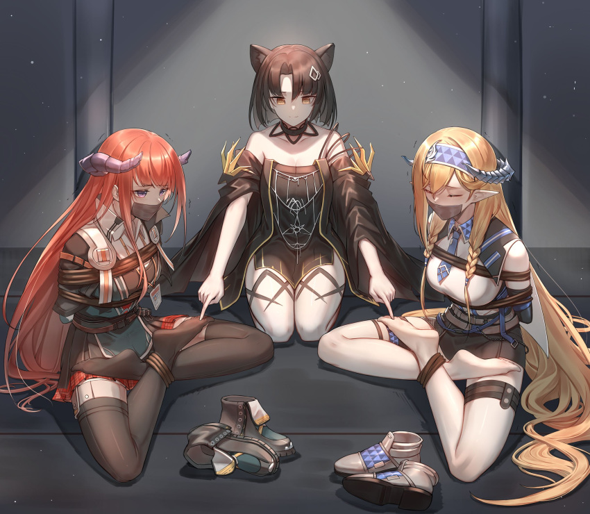 3girls animal_ears arknights arms_behind_back bagpipe_(arknights) bangs bare_shoulders black_choker black_dress black_hair black_legwear blonde_hair blue_hairband blue_necktie bound_ankles braid breasts cat_ears chenjiyan_y chinese_commentary choker closed_eyes commentary_request commission dress eyebrows_visible_through_hair gag gagged hairband highres horns improvised_gag indian_style indoors jacket large_breasts long_hair long_sleeves mandragora_(arknights) multiple_girls necktie off-shoulder_dress off_shoulder orange_hair plaid plaid_skirt pointy_ears red_skirt rope saileach_(arknights) second-party_source shirt shoes shoes_removed short_hair sitting skirt tape tape_gag thigh-highs twin_braids very_long_hair violet_eyes white_legwear white_shirt wide_sleeves