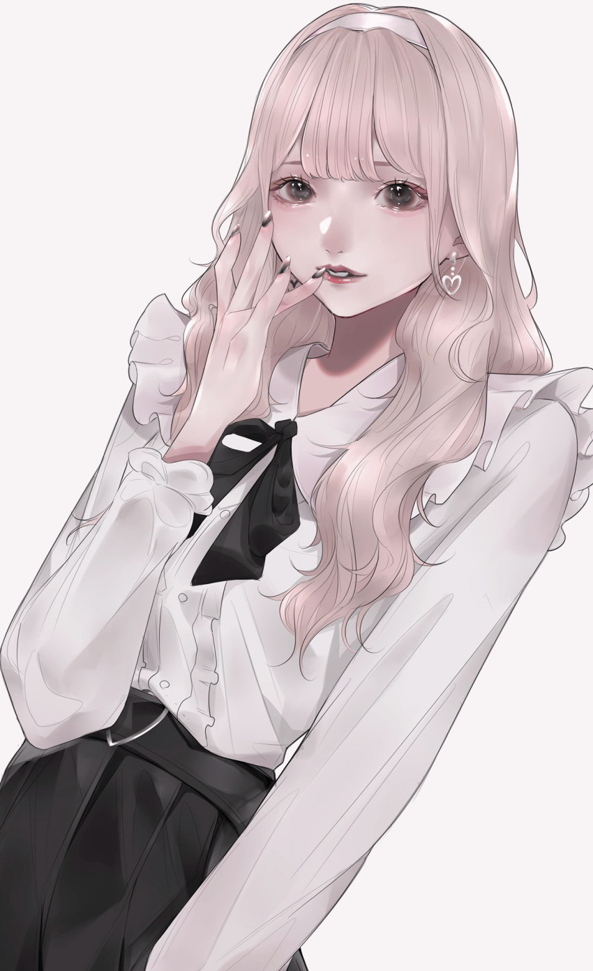 1girl black_bow black_eyes black_skirt blonde_hair bow breasts earrings finger_to_mouth grey_background hairband heart heart_earrings highres jewelry leaning_back long_hair mano_aaa original parted_lips shirt shirt_tucked_in skirt small_breasts solo white_hairband white_shirt