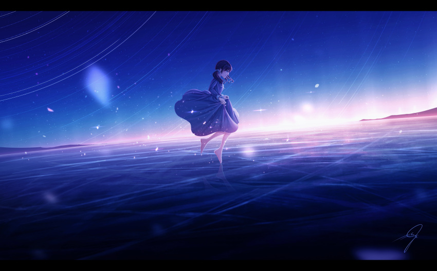 1girl absurdres blue_dress blue_eyes blue_sky dress fantasy highres long_hair long_sleeves mountainous_horizon neck_ribbon nengoro original ribbon scenery skirt_hold sky solo standing star_(sky) star_trail twintails white_ribbon