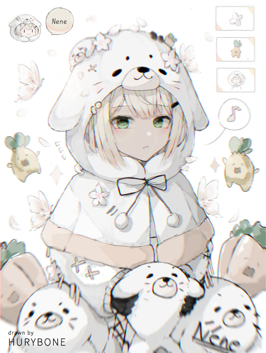 1girl animal_hood bangs black_gloves blonde_hair blunt_bangs blurry bug butterfly capelet dog_hood ears_through_headwear flower gloves gradient_hair green_eyes hair_flower hair_ornament highres hololive hood hood_up hurybone ibispaint_(medium) looking_at_viewer momosuzu_nene multicolored_hair musical_note nekko_(momosuzu_nene) petals pink_hair virtual_youtuber white_capelet wide_sleeves