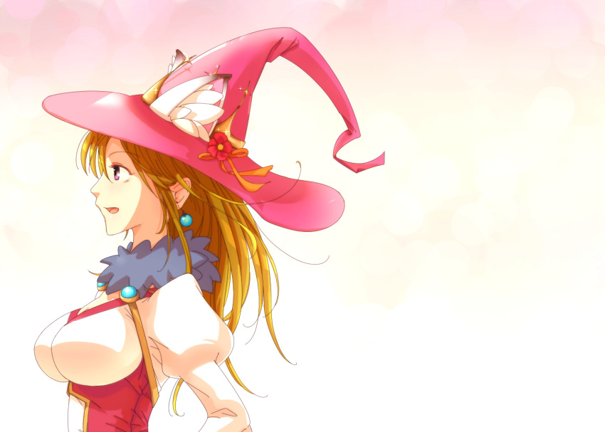 1girl animal_ear_fluff animal_ear_headwear animal_ears bangs breasts brown_hair cat_ears commentary_request dress eyebrows_visible_through_hair hair_between_eyes hat juliet_sleeves large_breasts long_hair long_sleeves looking_afar official_alternate_costume open_mouth pink_headwear profile puffy_sleeves ragnarok_online red_dress saishichi solo sorcerer_(ragnarok_online) two-tone_dress upper_body violet_eyes white_dress witch_hat