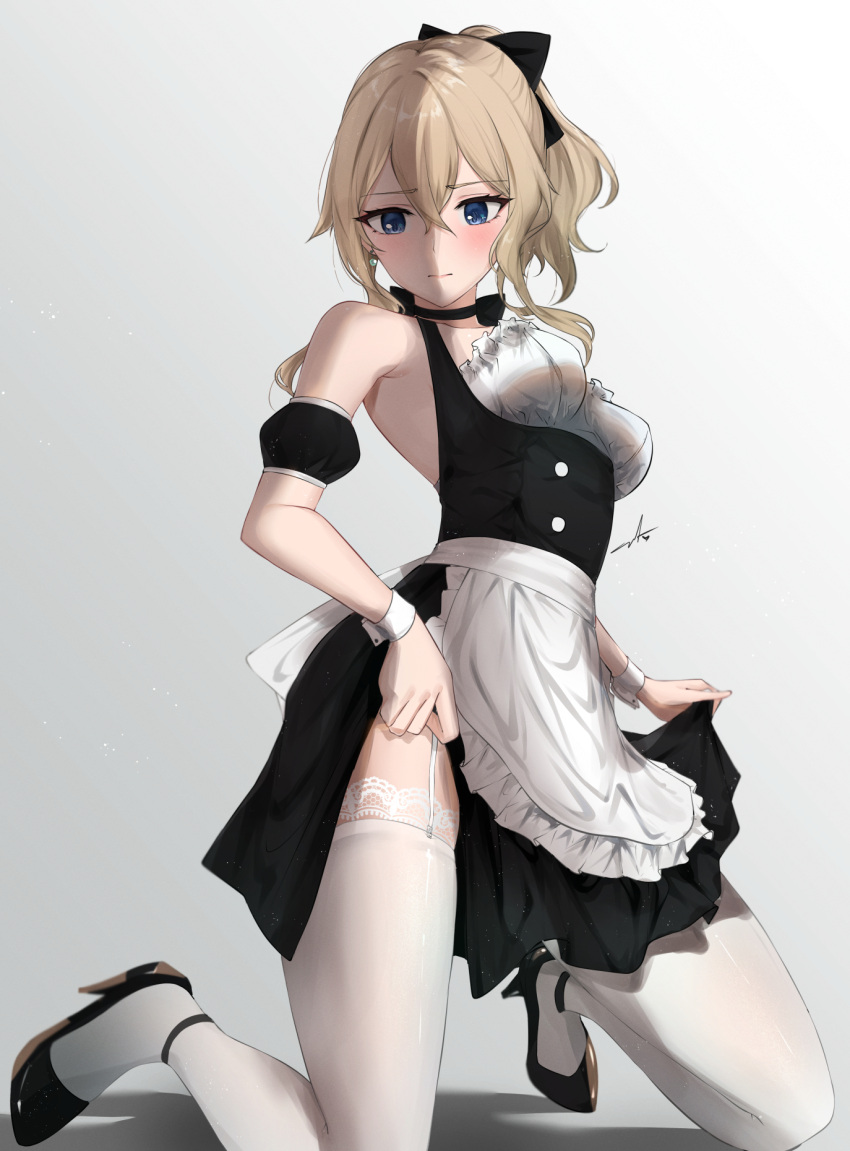 1girl alternate_costume apron black_bow black_dress blonde_hair blue_eyes blush bow breasts dress enmaided feint721 garter_straps genshin_impact hair_bow highres jean_(genshin_impact) kneeling large_breasts long_hair looking_at_viewer maid maid_apron ponytail pumps simple_background solo thigh-highs white_background white_legwear