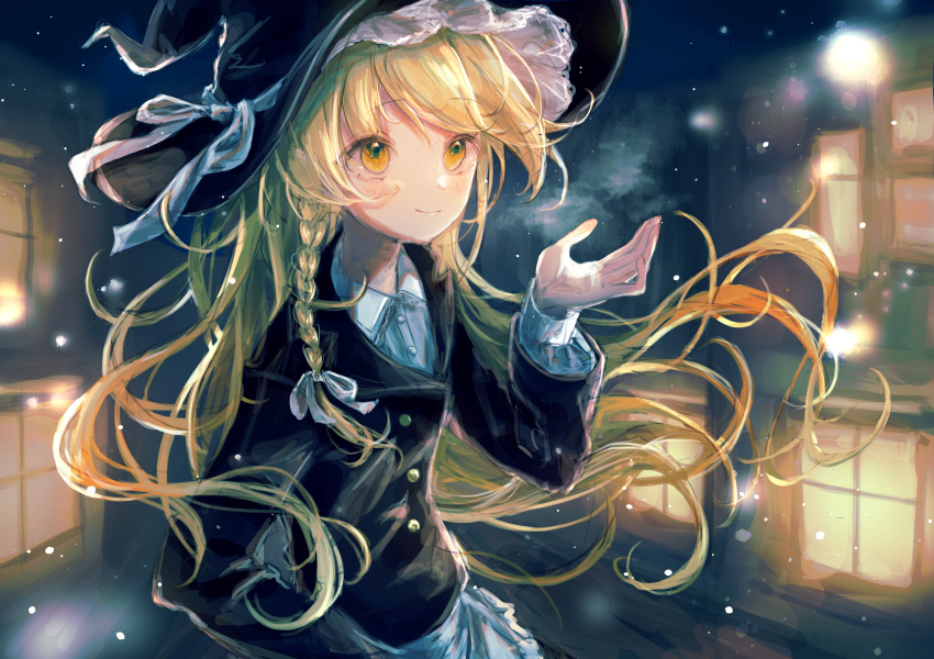 1girl absurdres apron black_headwear black_jacket blush bow braid breath buttons closed_mouth collared_shirt floating_hair hair_bow hand_up hat hat_bow highres jacket kirisame_marisa long_hair long_sleeves looking_up sachina_417 shirt single_braid smile snowing solo symbol-only_commentary touhou very_long_hair waist_apron white_apron white_bow white_shirt witch_hat yellow_eyes