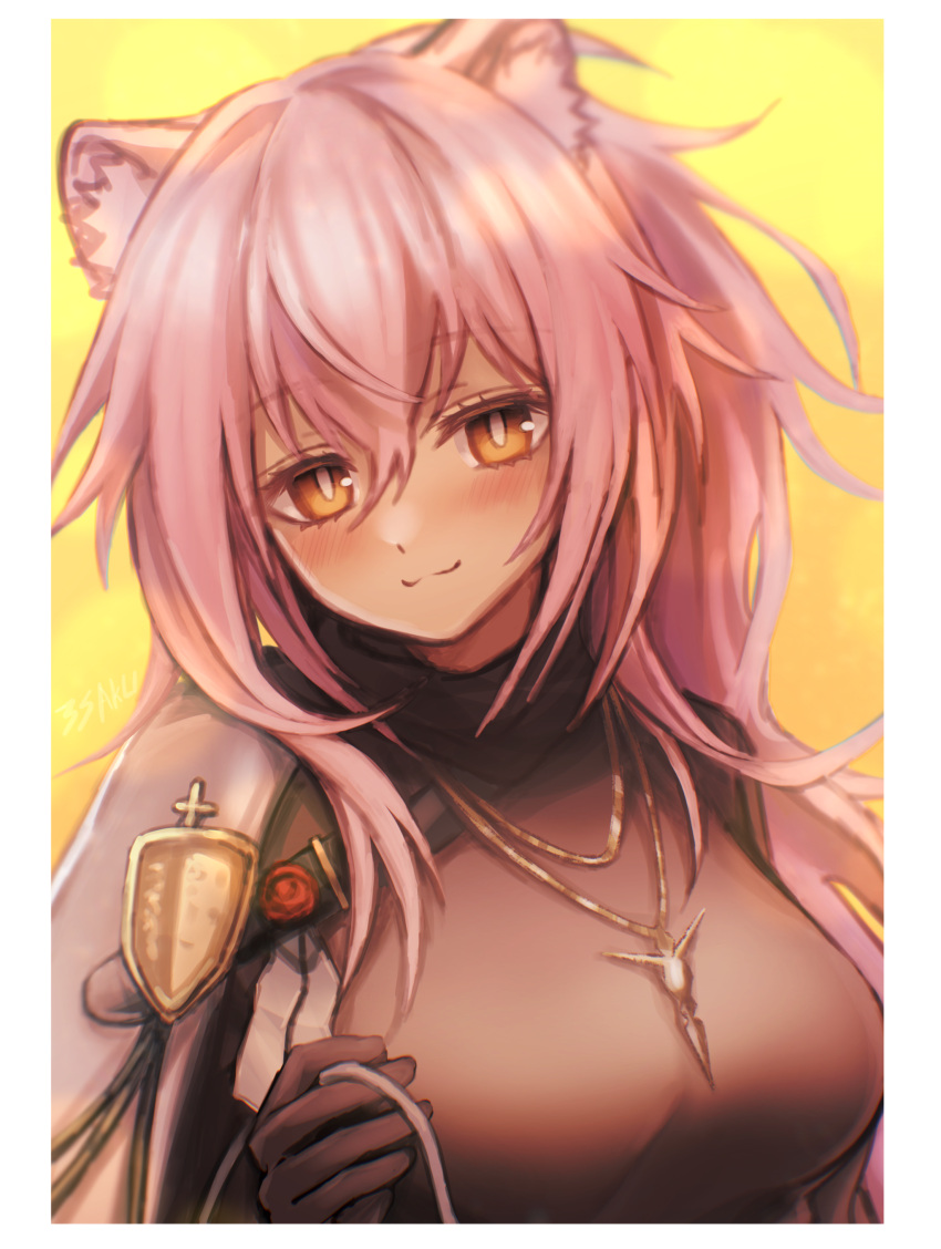 3_(sanyako1) :3 absurdres animal_ear_fluff animal_ears arknights black_gloves blush border breasts bright_pupils closed_mouth emblem gloves gravel_(arknights) gravel_(modeling_night)_(arknights) highres holding jewelry large_breasts long_hair looking_at_viewer necklace official_alternate_costume orange_eyes pink_hair simple_background smile upper_body white_border yellow_background