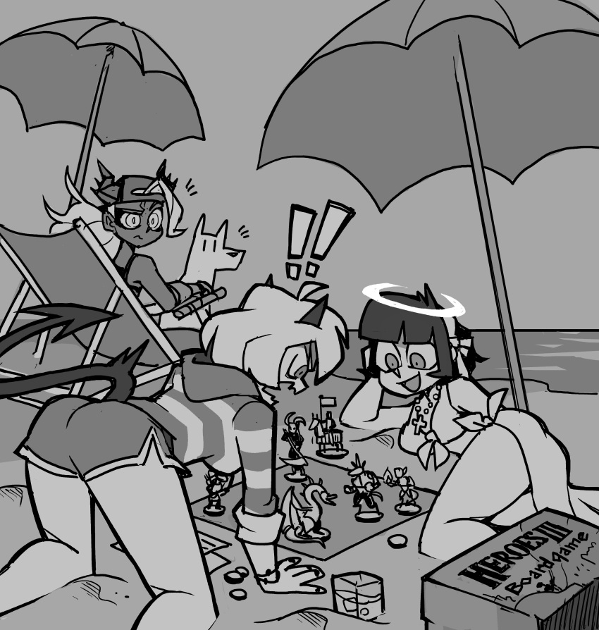 ! !! 3girls absurdres angel angel_and_devil azazel_(helltaker) beach beach_umbrella bikini black_horns black_tail board_game clawed_gauntlets colored_skin demon_girl demon_horns demon_tail front-tie_bikini front-tie_top glass grey_skin greyscale hat helltaker heroes_of_might_and_magic highres hood hoodie horns judgement_(helltaker) malina_(helltaker) monochrome multiple_girls ocean playing_games sand sarong shore short_shorts shorts swimsuit tail tonfa umbrella vanripper water weapon