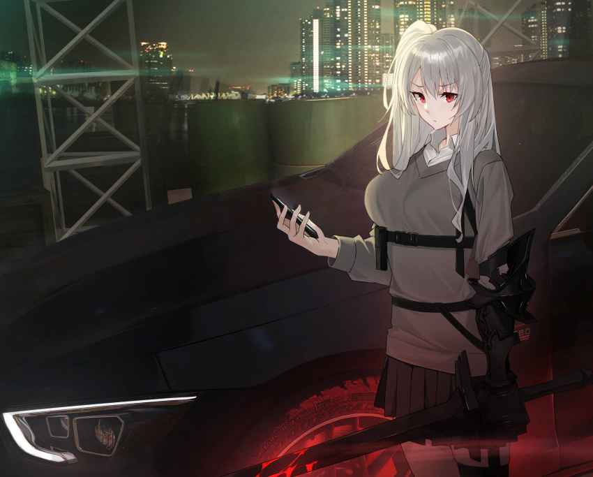 1girl black_skirt breasts car cellphone city closed_mouth commentary cowboy_shot drum_(container) english_commentary eyebrows_visible_through_hair gauntlets grey_hair grey_sweater ground_vehicle highres holding holding_phone holding_sword holding_weapon large_breasts lens_flare long_hair looking_at_viewer miniskirt motor_vehicle night one_side_up original outdoors phone pleated_skirt raitho red_eyes skirt smartphone solo sweater sword v-shaped_eyebrows very_long_hair weapon