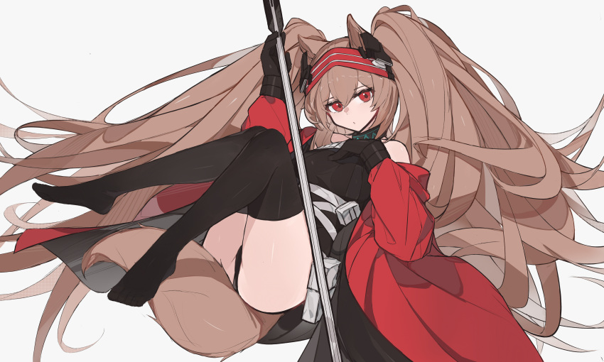 1girl absurdres angelina_(arknights) angelina_(distinguished_visitor)_(arknights) animal_ears arknights ass big_hair black_gloves black_legwear black_leotard breasts closed_mouth coat fox_ears fox_girl fox_tail gloves hairband hand_on_own_chest highres holding holding_staff large_breasts leotard long_hair looking_at_viewer no_shoes off_shoulder official_alternate_costume open_clothes open_coat pouch red_coat red_eyes red_hairband shiershishisanfen simple_background solo staff tail tail_through_clothes thigh-highs thighs twintails two-tone_hairband underbust very_long_hair white_background