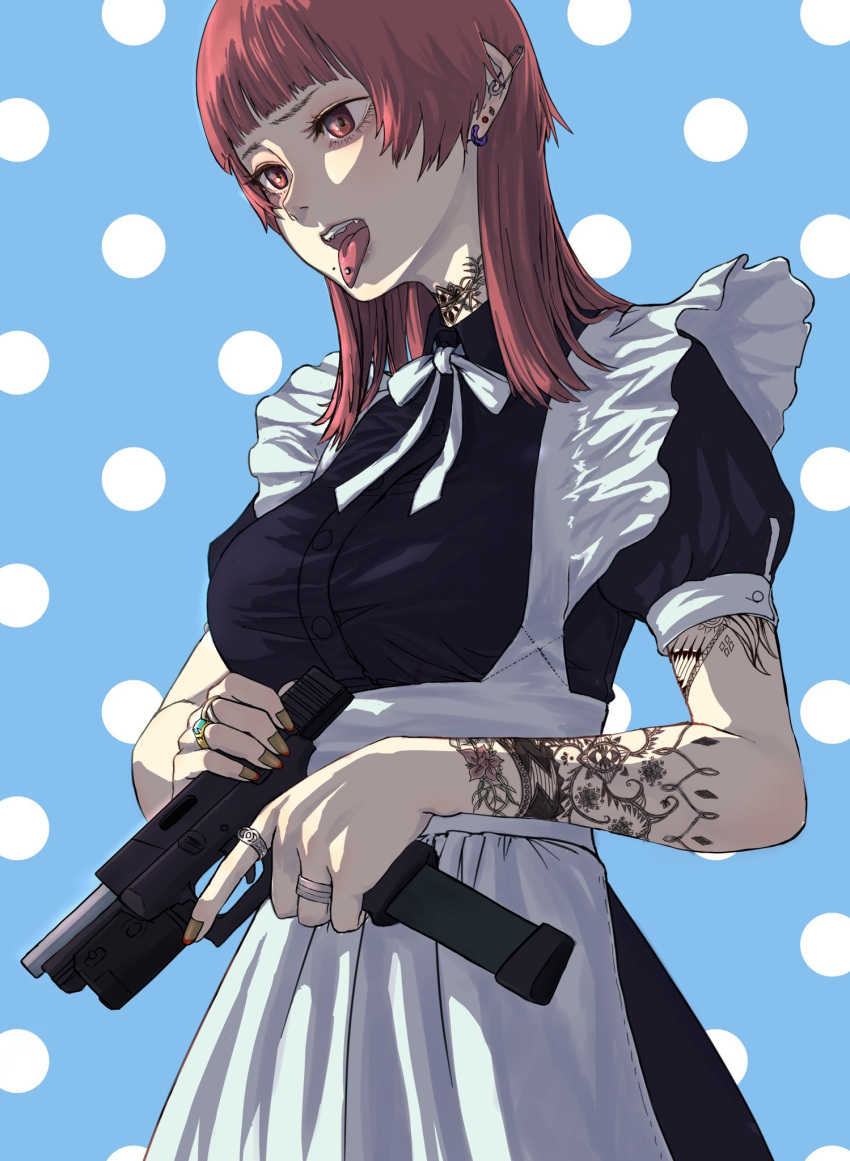 1girl apron arm_tattoo bangs black_dress blue_background breasts dress ear_piercing gun highres holding holding_gun holding_weapon jewelry maid maid_apron maid_day medium_breasts medium_hair multiple_rings neck_ribbon neck_tattoo nori_(arara105) original piercing polka_dot polka_dot_background red_eyes redhead ribbon ring short_sleeves solo tattoo tongue tongue_out tongue_piercing upper_body weapon weapon_request white_ribbon