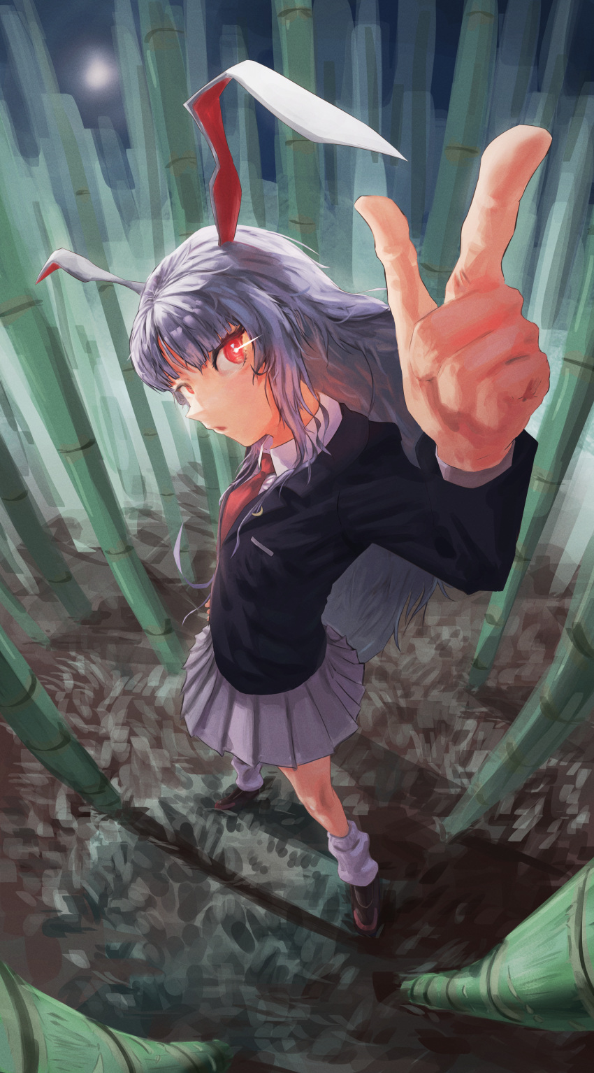 1girl absurdres animal_ears bamboo bamboo_forest forest from_side highres long_hair nature necktie nepperoni open_mouth pointing purple_hair rabbit_ears rabbit_girl red_eyes reisen_udongein_inaba skirt socks solo touhou