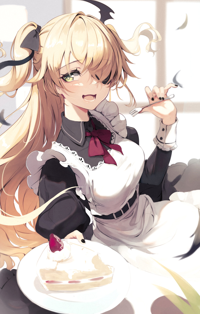 1girl absurdres apron bangs black_dress blonde_hair blush breasts cake dress eyepatch fischl_(genshin_impact) food fork fruit genshin_impact green_eyes hair_over_one_eye highres icing long_hair long_sleeves looking_at_viewer lumo_1121 medium_breasts open_mouth plate smile solo strawberry two_side_up white_apron