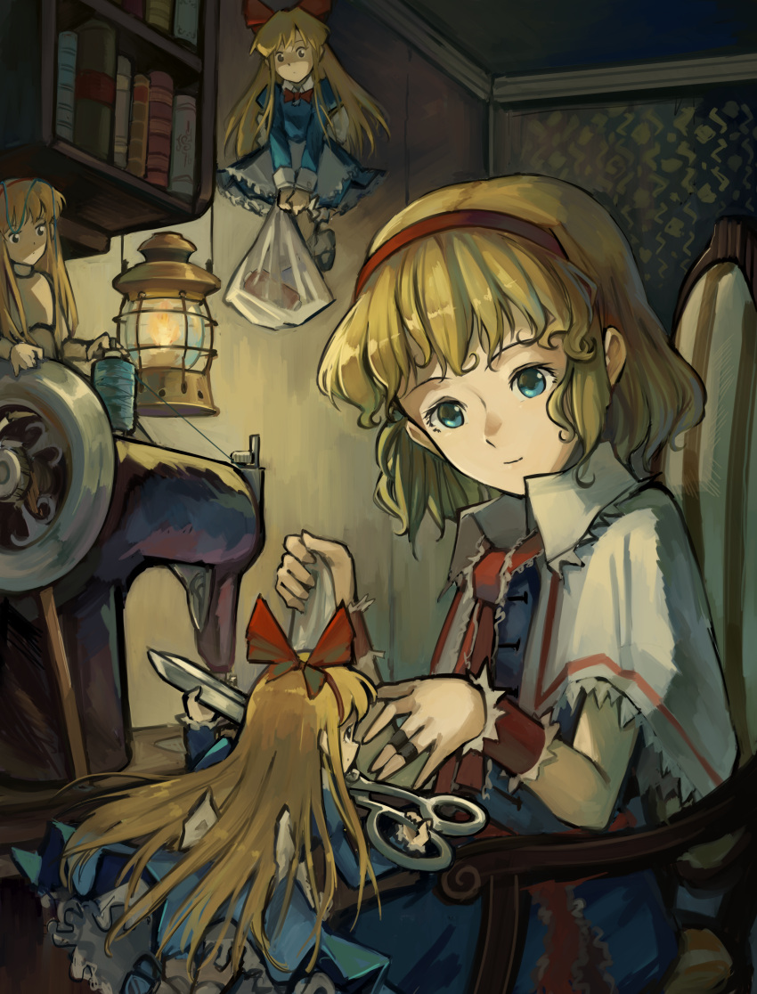 4girls absurdres alice_margatroid blonde_hair book bookshelf candle chair doll fire flying hairband highres holding kornod multiple_girls red_headwear red_ribbon ribbon scissors sewing_machine shanghai_doll sitting smile table touhou