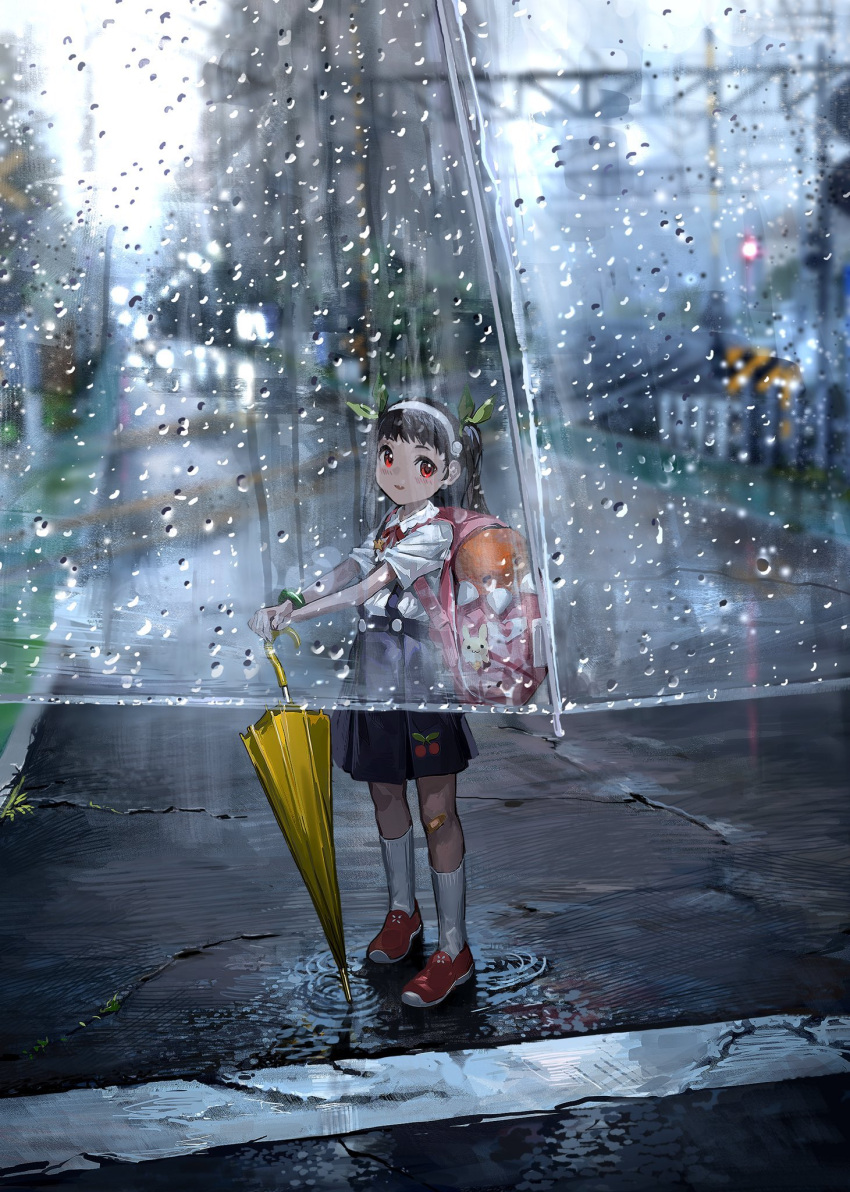 1girl backpack bag bandaid bandaid_on_knee bandaid_on_leg black_hair blush closed_umbrella day green_ribbon hachikuji_mayoi hair_ribbon hairband highres holding holding_umbrella kneehighs looking_at_viewer monogatari_(series) outdoors parted_lips puddle railroad_crossing rain randoseru red_eyes red_footwear ribbon shirt skirt solo standing suketoudara_(artist) suspender_skirt suspenders transparent transparent_umbrella twintails umbrella white_hairband white_legwear white_shirt yellow_umbrella