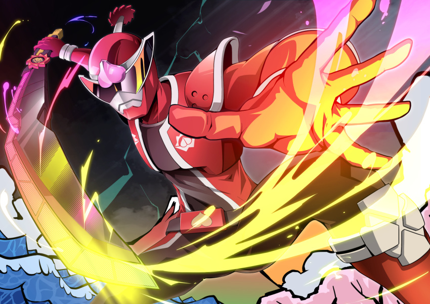 1boy avataro_sentai_donbrothers donmomotarou electricity gamiani_zero gloves helmet highres holding holding_sword holding_weapon male_focus open_hand red_gloves solo super_sentai sword tokusatsu visor waves weapon