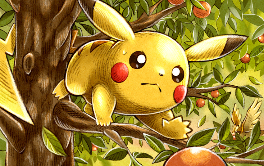 bird closed_mouth commentary_request food frown fruit in_tree leaf matsuri_(matsuike) orange_(fruit) outstretched_hand pidgey pikachu pokemon pokemon_(creature) sweatdrop tree