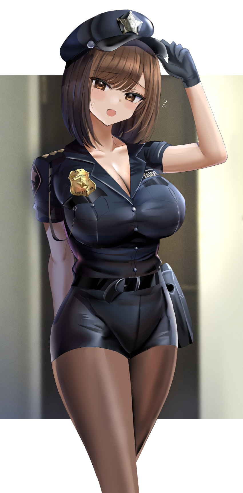 1girl absurdres belt black_belt black_gloves black_headwear black_legwear black_skirt breasts brown_eyes brown_hair gloves hanasaka_houcha hat highres large_breasts medium_hair miniskirt mole mole_under_eye open_mouth original pantyhose pencil_skirt police police_badge police_hat police_uniform policewoman short_sleeves skirt solo standing uniform