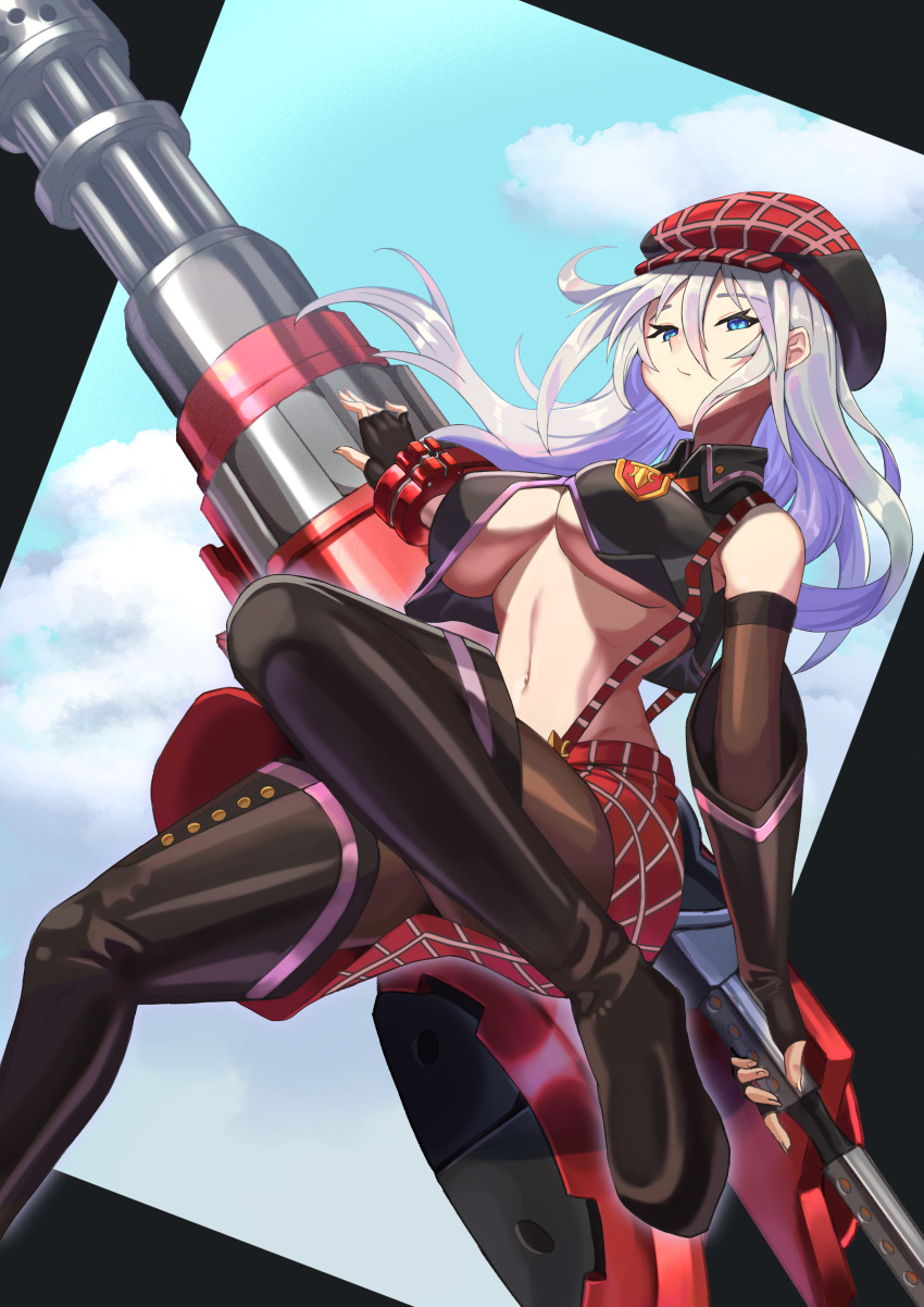 1girl absurdres alisa_ilinichina_amiella bare_shoulders blue_eyes boots bracelet breasts cabbie_hat elbow_gloves fingerless_gloves gloves god_eater hat highres huge_weapon jewelry large_breasts long_hair midriff navel plaid plaid_headwear plaid_skirt siorudo_origin skirt sleeveless solo suspender_skirt suspenders suspenders_slip thigh-highs thigh_boots under_boob weapon