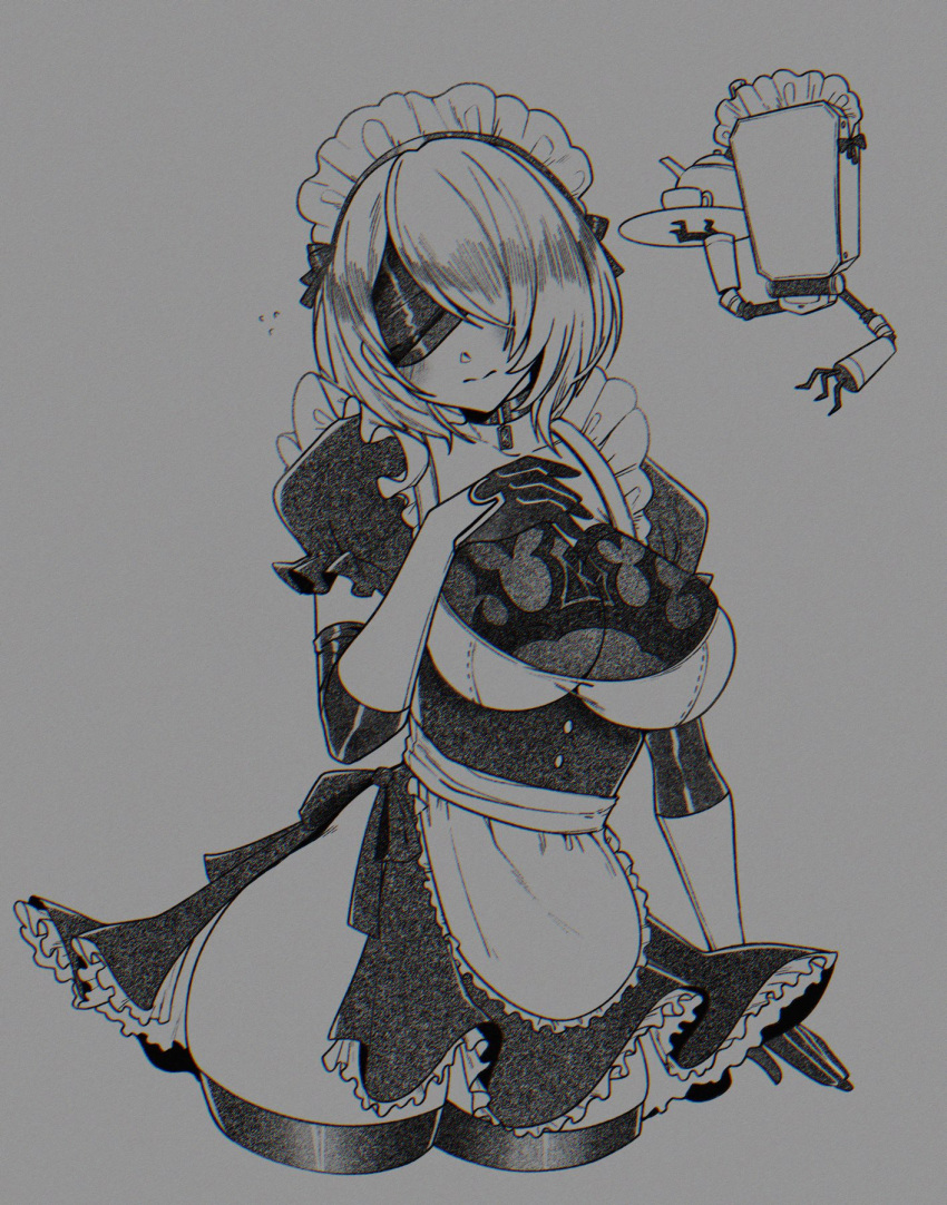 1girl abottleofstars alternate_costume apron blindfold blush bow choker closed_mouth collarbone cup elbow_gloves enmaided floating flying_sweatdrops frilled_apron frills gloves grey_background greyscale hair_over_one_eye highres holding holding_tray maid maid_day maid_headdress monochrome nier_(series) nier_automata pod_(nier_automata) puffy_sleeves short_hair simple_background skindentation sweat sweatdrop teacup teapot thigh-highs tray