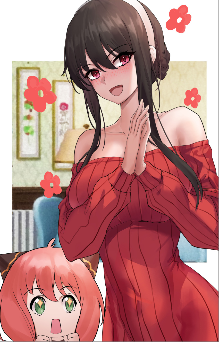 2girls :d absurdres ahoge anya_(spy_x_family) bangs bare_shoulders black_hair blush breasts child dylanlin eyebrows_visible_through_hair flower green_eyes hair_between_eyes hairband highres horn_ornament horns large_breasts long_hair looking_at_another looking_at_viewer mother_and_daughter multiple_girls off-shoulder_sweater off_shoulder open_mouth own_hands_together pink_hair red_eyes red_sweater sidelocks smile sparkling_eyes spy_x_family sweater white_hairband yor_briar