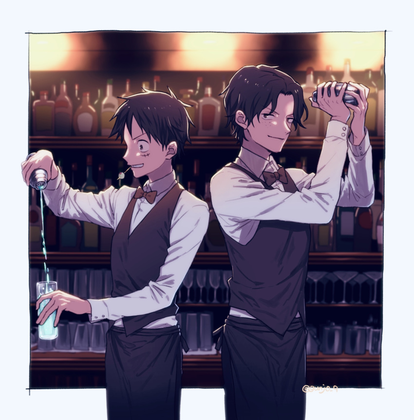 2boys alcohol alternate_costume bartender black_hair cup drinking_glass highres looking_at_viewer monkey_d._luffy multiple_boys olive one_piece portgas_d._ace pouring scar scar_on_face shaking shirt short_hair siblings smile tsuyu_(gunjooo9) white_shirt wine_glass