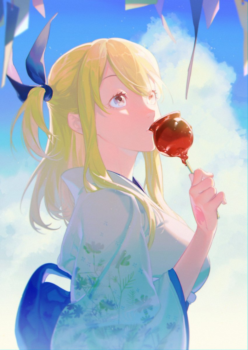 1girl absurdres blue_ribbon blue_sky breasts brown_eyes candy candy_apple clouds day eating eyelashes fairy_tail floral_print food hair_ribbon hand_tattoo hand_up highres holding holding_candy holding_food japanese_clothes kimono long_hair looking_away looking_up lucy_heartfilia obi one_side_up paper ribbon sash sidelocks sky solo summer sweat tattoo upper_body yonoka yukata