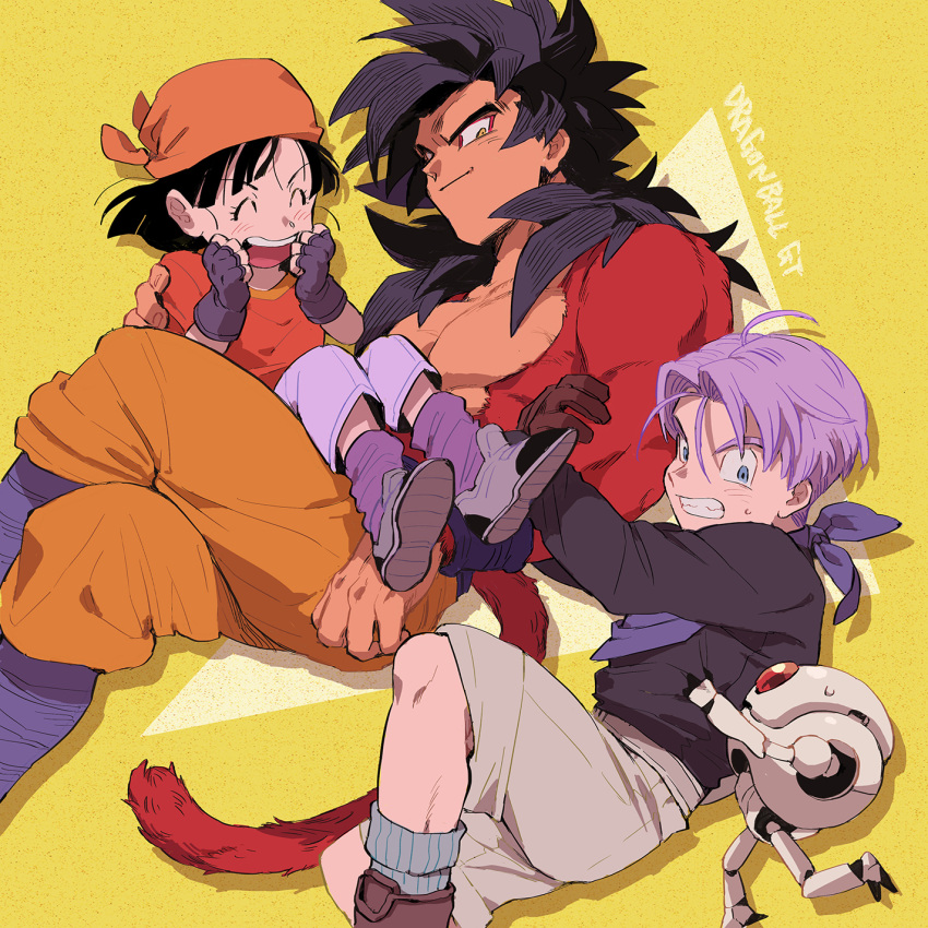 1girl 2boys ^_^ arm_at_side bandana bangs belt black_gloves black_hair black_shirt blue_eyes blush brown_gloves cargo_shorts clenched_hands clenched_teeth clinging closed_eyes closed_mouth clothes_grab crossed_legs denim dragon_ball dragon_ball_gt fingerless_gloves flat_chest giru_(dragon_ball) gloves grandfather_and_granddaughter grey_footwear grey_legwear grin gutstemple hair_strand hand_on_another's_back hands_on_another's_arm hands_up highres jeans laughing long_hair long_sleeves looking_at_another looking_down loose_socks monkey_tail multiple_boys neckerchief nervous no_nipples orange_bandana pan_(dragon_ball) pants parted_bangs pectorals purple_hair purple_legwear purple_neckerchief red_shirt robot shadow shirt short_hair shorts sideways_glance simple_background sitting sitting_on_lap sitting_on_person smile socks son_goku spiky_hair straight_hair striped striped_legwear super_saiyan super_saiyan_4 sweatdrop tail teeth triangle trunks_(dragon_ball) twitter_username upper_teeth vertical-striped_legwear vertical_stripes yellow_background yellow_eyes yellow_pants