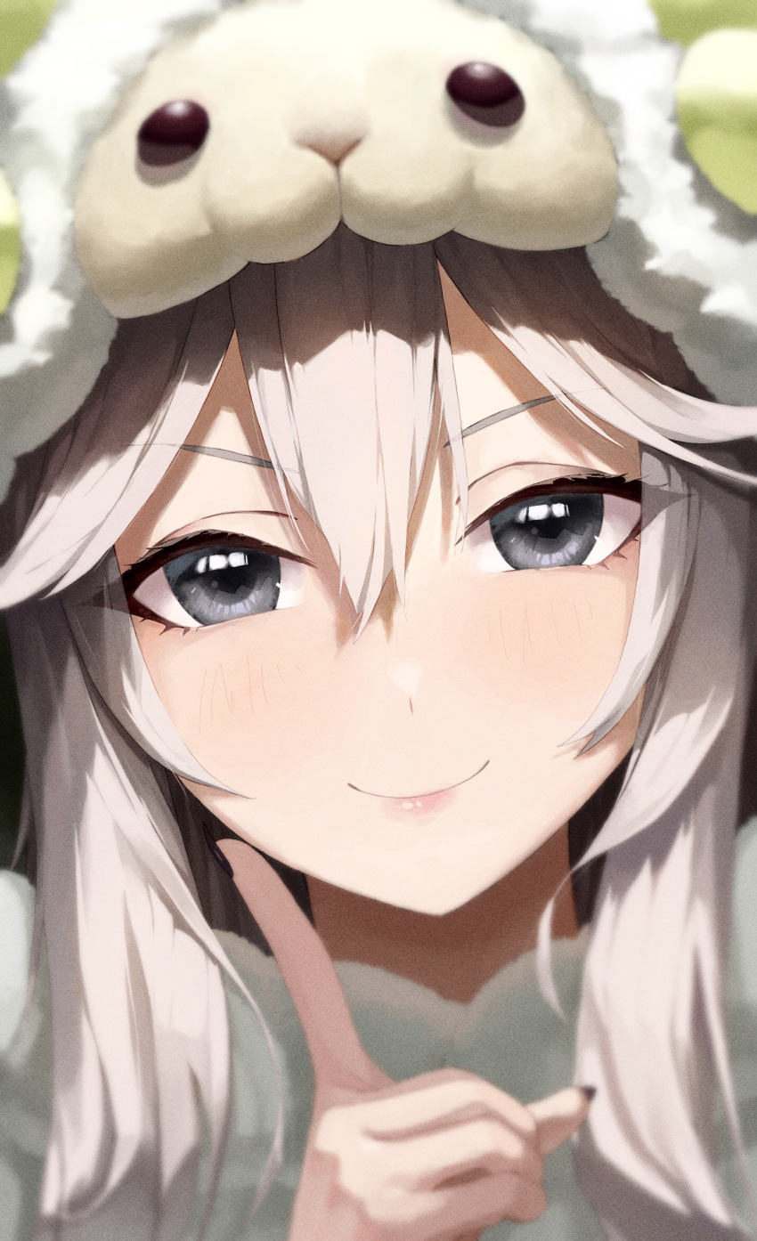 1girl animal_hood bangs black_nails blush close-up eyebrows_visible_through_hair face finger_to_cheek grey_eyes grey_hair hair_between_eyes highres hololive hood light_blush long_hair looking_at_viewer makimaki_makky7 nail_polish portrait sheep_hood shiny shiny_skin shishiro_botan smile solo virtual_youtuber