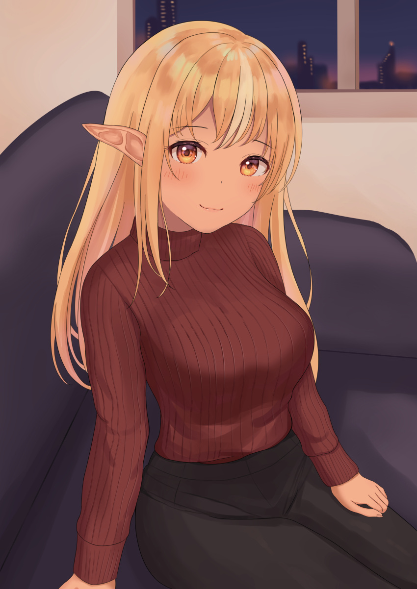 1girl absurdres benson4109 black_skirt blonde_hair breasts brown_sweater casual closed_mouth dark-skinned_female dark_skin elf highres hololive indoors large_breasts long_hair long_skirt long_sleeves looking_at_viewer multicolored_hair orange_eyes pointy_ears ribbed_sweater shiranui_flare sitting skirt smile solo streaked_hair sweater sweater_tucked_in turtleneck virtual_youtuber