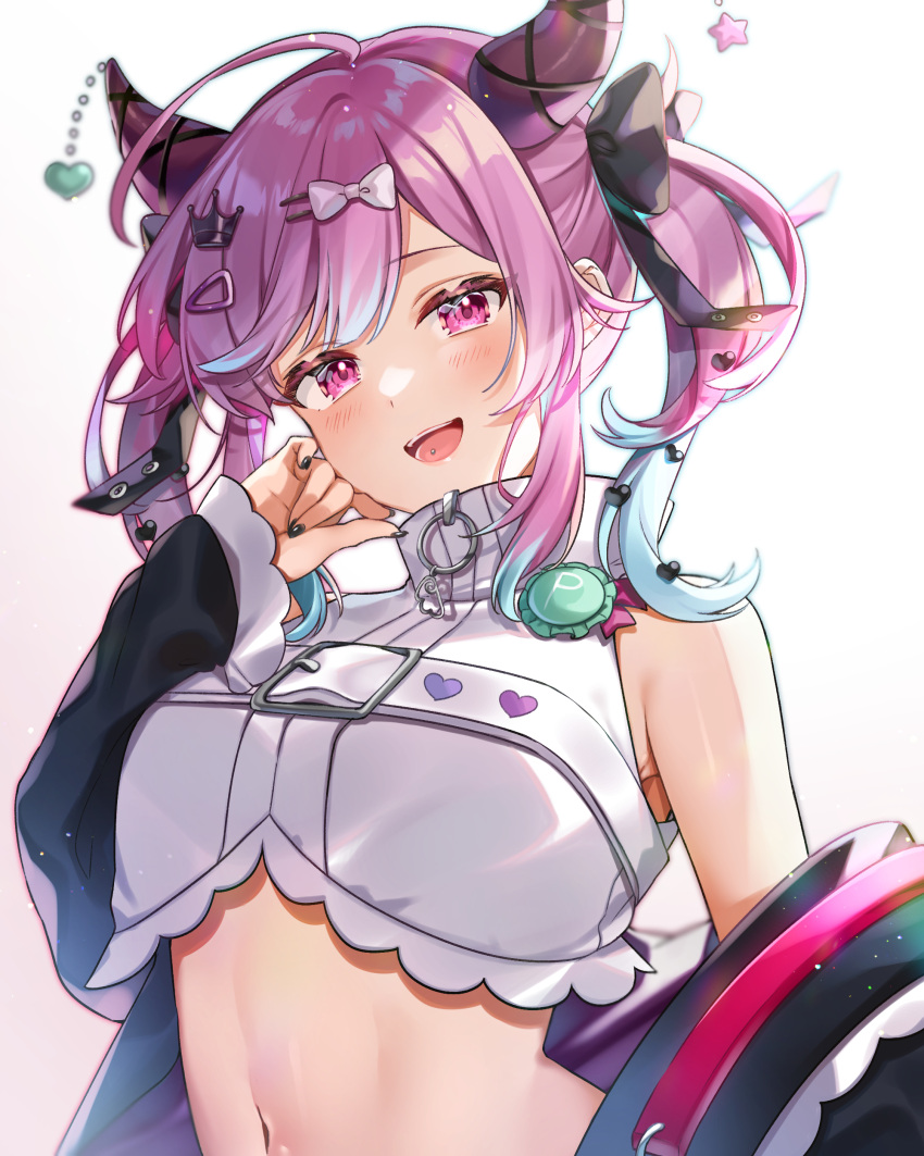 1girl absurdres ahoge anzu_1026 bangs black_nails blue_hair bow breasts crop_top crown_hair_ornament hair_bow hair_ornament hand_up high_collar highres horns indie_virtual_youtuber jacket light_blush looking_at_viewer multicolored_hair navel off_shoulder open_mouth piercing pink_eyes pink_hair satou_pote_(vtuber) sleeveless small_breasts smile solo tongue_piercing two-tone_hair upper_body virtual_youtuber white_bow