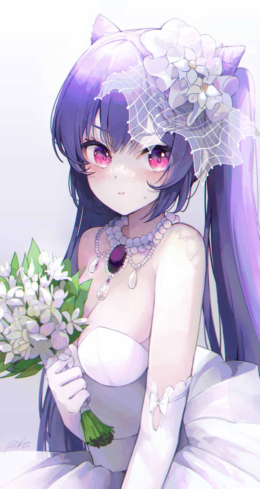 1girl bangs bare_shoulders blush breasts dress elbow_gloves flower genshin_impact gloves hair_cones hair_flower hair_ornament highres jewelry keqing_(genshin_impact) large_breasts necklace pink_eyes pistachiocream purple_hair solo twintails wedding_dress white_dress white_flower white_gloves