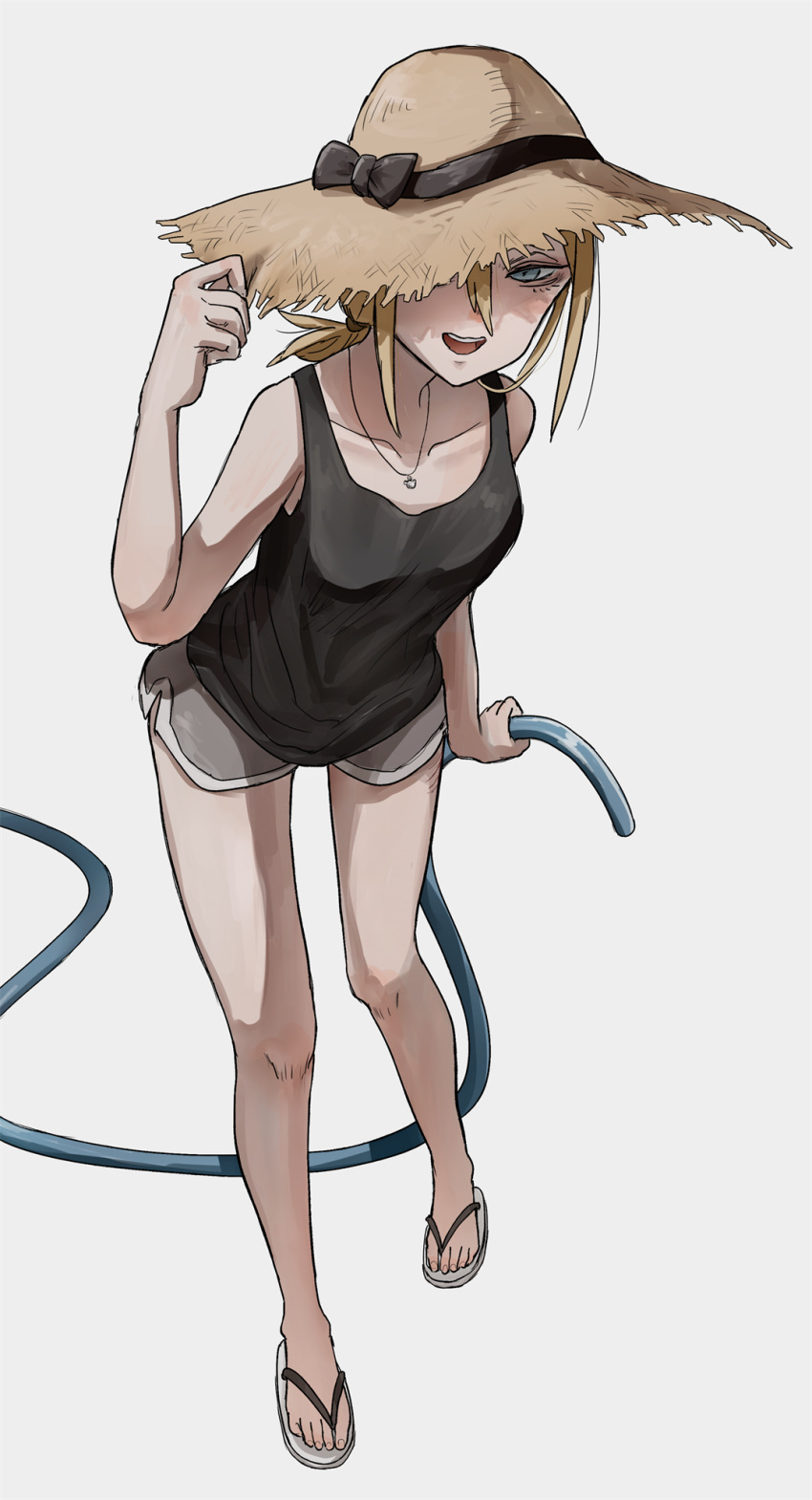 1girl bangs bare_legs black_bow black_shirt blonde_hair blue_eyes bow collarbone commentary_request flip-flops full_body grey_shorts hair_between_eyes hand_on_headwear hat hat_bow hat_ribbon highres holding holding_hose hose jewelry leaning_forward necklace one_eye_covered open_mouth original ponytail ribbon sandals shirt shorts sidelocks simple_background smile solo straw_hat tabao teeth undershirt upper_teeth white_background