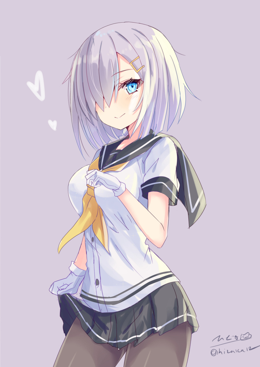 1girl absurdres bangs black_legwear blue_eyes breasts clothes_lift gloves hair_ornament hair_over_one_eye hairclip hamakaze_(kancolle) heart highres hizaka kantai_collection large_breasts looking_at_viewer neckerchief pantyhose pleated_skirt school_uniform serafuku short_hair short_sleeves simple_background skirt skirt_lift smile solo white_gloves white_hair yellow_neckerchief