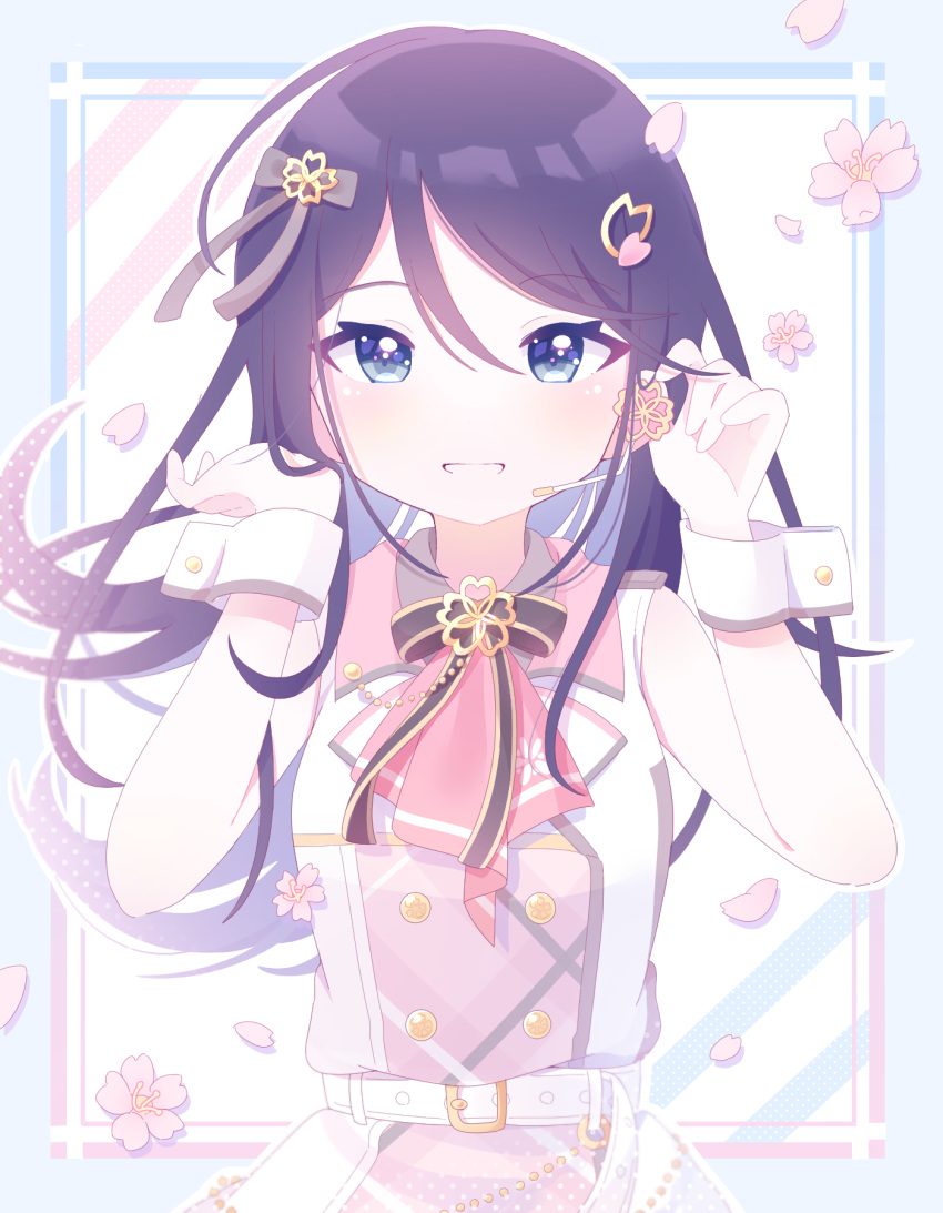 1girl adjusting_hair adjusting_headset ascot bangs belt black_hair black_ribbon border buttons chain cherry_blossoms diagonal_stripes dot_nose double-breasted eyebrows_visible_through_hair floating_hair floral_print flower gold_trim grey_eyes hands_up headset highres horizontal_stripes hoshino_ichika_(project_sekai) light_blue_background light_blush long_hair looking_at_viewer neck_ribbon pale_color parted_lips pastel_colors petals pink_ascot pink_flower plaid polka_dot polka_dot_background project_sekai ribbon shiny shiny_hair silver_trim single_horizontal_stripe sleeveless smile solo straight_hair striped striped_background swept_bangs tsurime upper_body vignetting white_background white_belt wrist_cuffs yuki_(33098065)