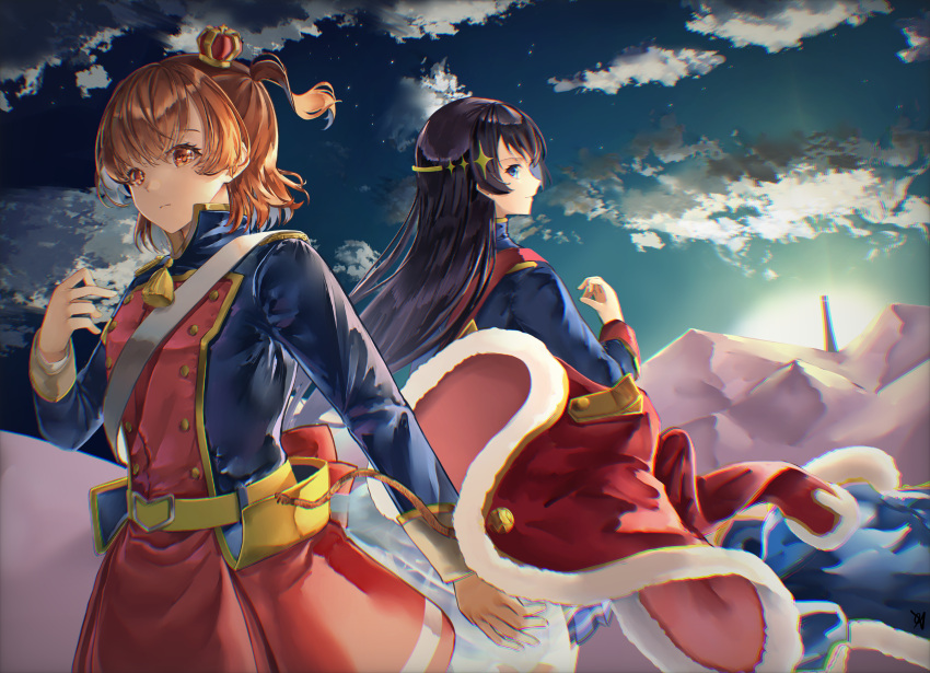 2girls absurdres aijou_karen aoi_hane arm_at_side bangs belt black_hair blue_eyes blue_jacket blue_skirt blue_sky brown_eyes brown_hair chromatic_aberration closed_mouth clouds commentary_request cowboy_shot crown desert epaulettes eyebrows_visible_through_hair fur-trimmed_jacket fur_trim hair_ornament hand_up high_collar highres jacket jacket_removed kagura_hikari long_hair long_sleeves looking_at_viewer looking_back mini_crown miniskirt multicolored_clothes multicolored_jacket multiple_girls outdoors profile red_jacket red_sash red_skirt sash short_hair shoujo_kageki_revue_starlight sideways_glance single_stripe skirt sky sparkle_hair_ornament standing star_(sky) striped striped_skirt sun sunrise tassel tilted_headwear two_side_up waist_cape white_sash yellow_belt