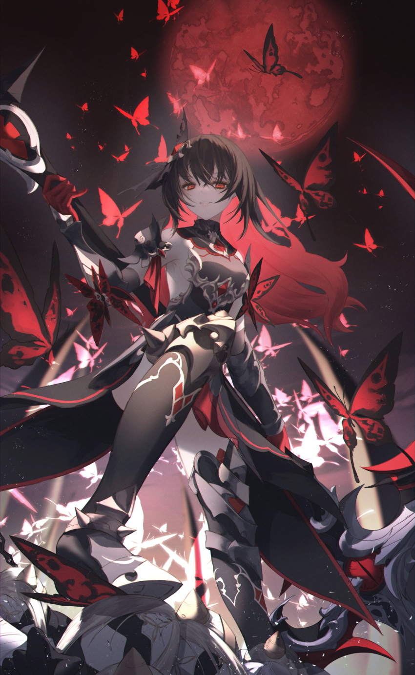1girl armored_boots bangs boots breasts brown_dress brown_hair bug butterfly detached_sleeves dress gloves hair_ornament highres holding holding_weapon honkai_(series) honkai_impact_3rd long_hair looking_at_viewer medium_breasts medium_hair moon neon_(pixiv_31150749) red_butterfly red_eyes red_gloves red_moon seele_(alter_ego) seele_vollerei sideboob smile solo weapon
