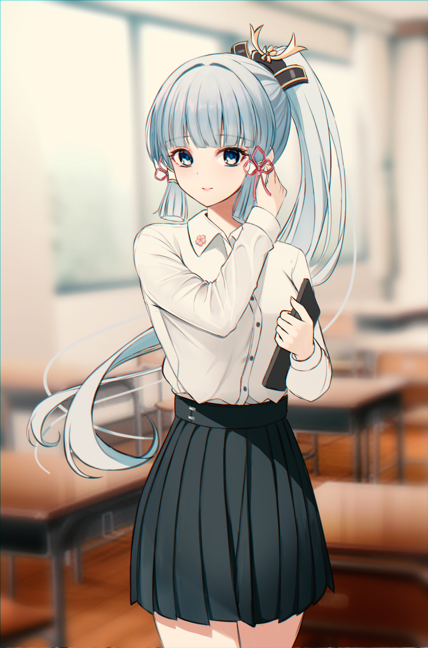 1girl absurdres bangs blue_eyes blurry blurry_background classroom closed_mouth collared_shirt costone desk dress_shirt flower_knot genshin_impact hair_ribbon highres holding indoors kamisato_ayaka light_blue_hair long_hair long_sleeves looking_at_viewer pleated_skirt ponytail ribbon school_desk shirt shirt_tucked_in sidelocks skirt solo tress_ribbon white_shirt window