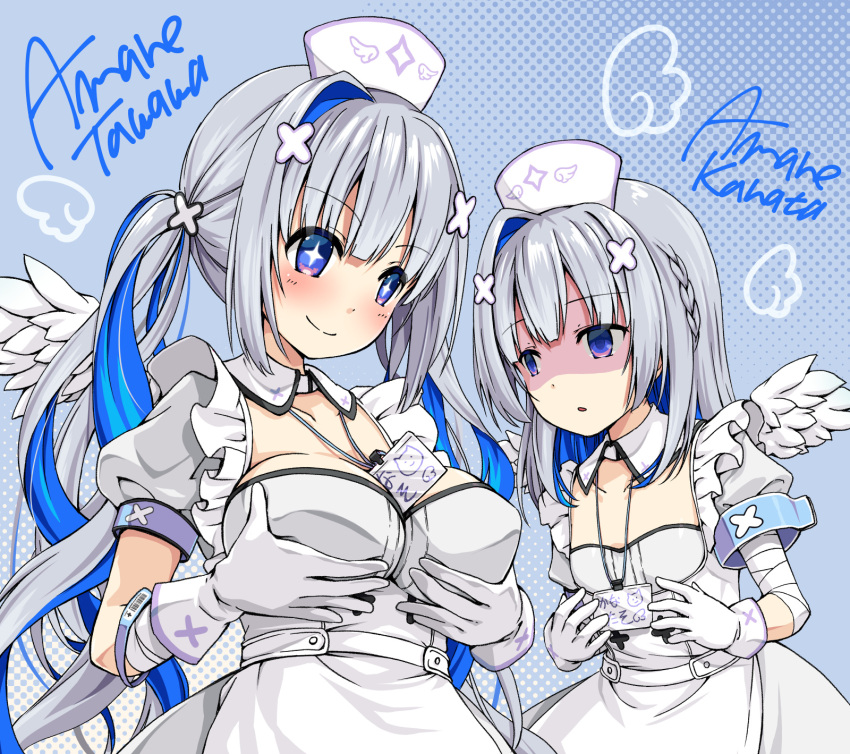 +_+ 2girls amane_kanata angel_wings asymmetrical_hair bandages bangs blue_eyes blue_hair braid breast_envy breast_grab breast_lift breasts character_name closed_mouth colored_inner_hair detached_collar dress eyebrows_visible_through_hair feathered_wings french_braid frills fusion gloves grabbing grey_hair hair_ornament hat highres hololive large_breasts long_hair looking_at_another looking_at_breasts low_twintails medium_hair mini_wings multicolored_hair multiple_girls name_tag natsuhime_yuran nurse nurse_cap official_alternate_costume parted_lips pink_hair polka_dot polka_dot_background shaded_face single_hair_intake smile streaked_hair twintails very_long_hair virtual_youtuber white_dress white_gloves white_wings wings x_hair_ornament