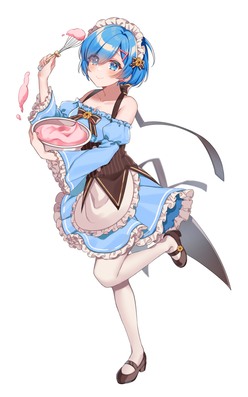 1girl absurdres anzu_1026 bangs blue_eyes blue_hair bowl brown_footwear closed_mouth dress eyes_visible_through_hair full_body hair_ornament highres holding holding_bowl holding_whisk light_blush long_sleeves maid_headdress mary_janes mixing_bowl pantyhose re:zero_kara_hajimeru_isekai_seikatsu rem_(re:zero) shoes short_dress short_hair simple_background solo standing standing_on_one_leg symbol-only_commentary whisk white_background x_hair_ornament
