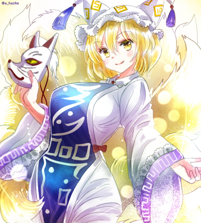 1girl blonde_hair blue_tabard bow breasts commentary_request cowboy_shot dress eyebrows_visible_through_hair fox_mask fox_tail frills hajike_akira happy hat highres holding holding_mask kitsune long_sleeves mask medium_breasts multiple_tails one-hour_drawing_challenge open_mouth pillow_hat red_bow solo tabard tail tassel touhou traditional_media white_dress white_headwear wide_sleeves yakumo_ran yellow_eyes